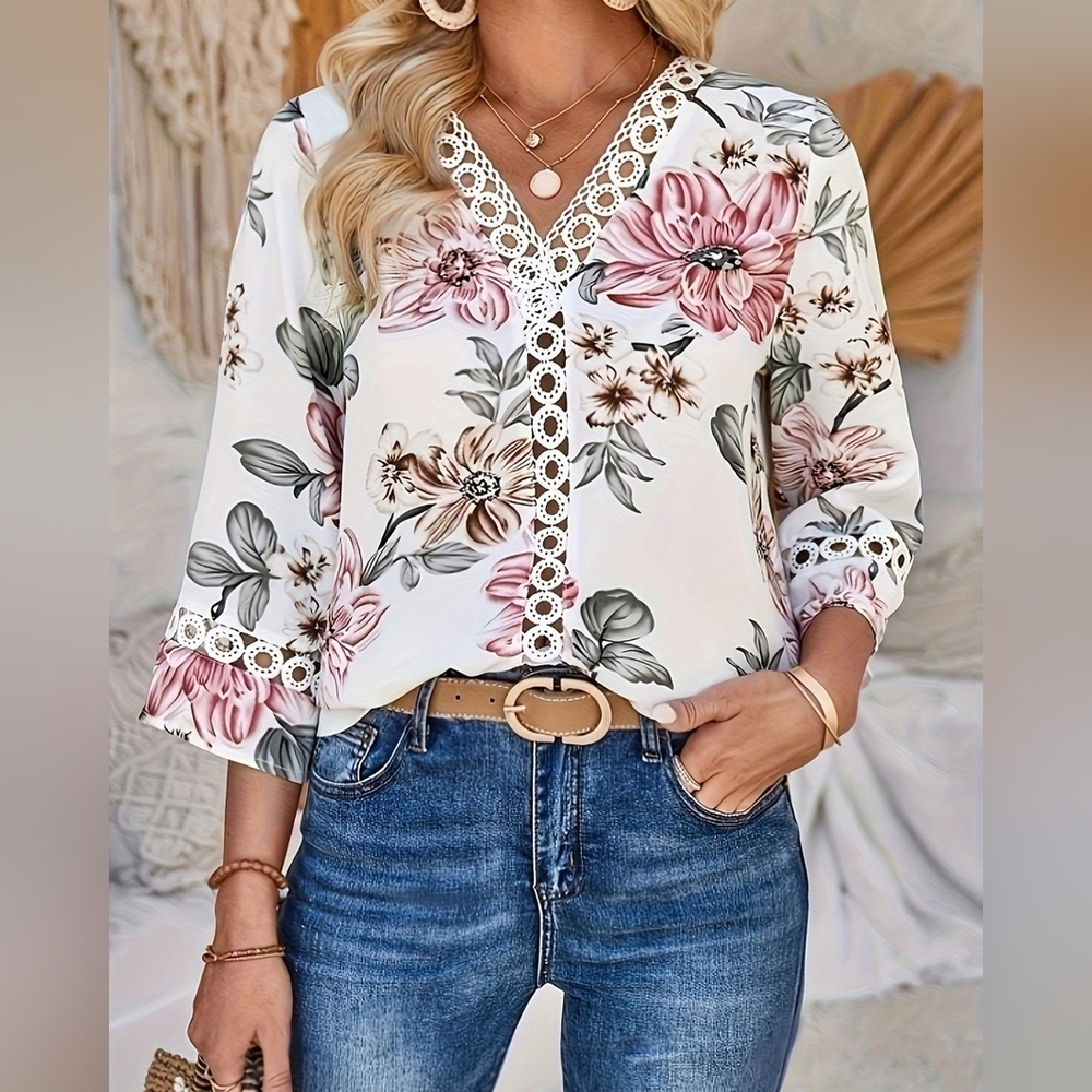 Floral V-Neck Lace Trim Chiffon Blouse Sizes XL & 2XL